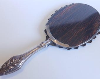 Beautiful ANTIQUE ornate silver & rosewood floral HAND MIRROR