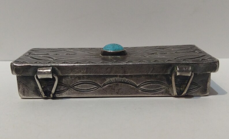 Vintage Navajo Indian stampwork sterling silver & TURQUOISE PILL BOX image 5