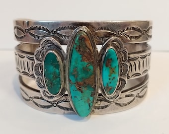 Weighty extra wide vintage NAVAJO Indian silver turquoise CUFF BRACELET