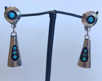 Vintage NATIVE AMERICAN sterling silver turquoise shadowbox dangle EARRINGS