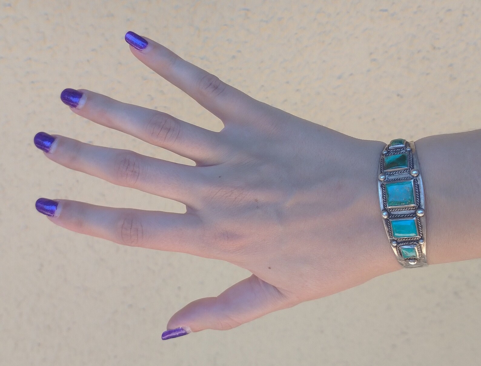 Vintage NAVAJO Indian Square Stone Blue Gem TURQUOISE Silver Cuff Row ...