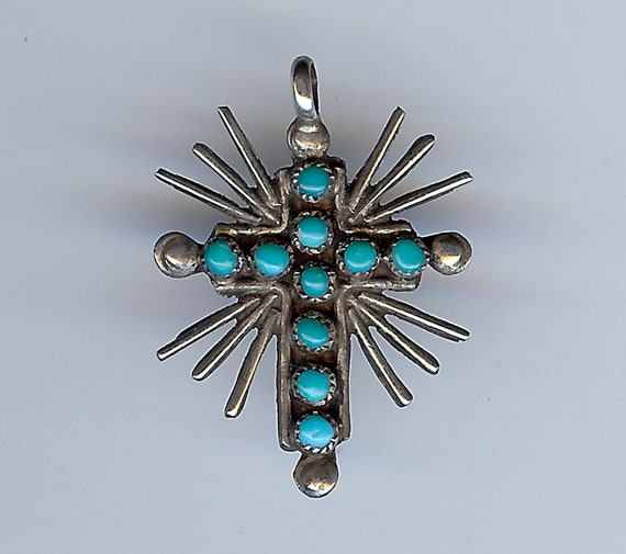 Vintage ZUNI Indian silver turquoise CROSS PENDANT - image 1