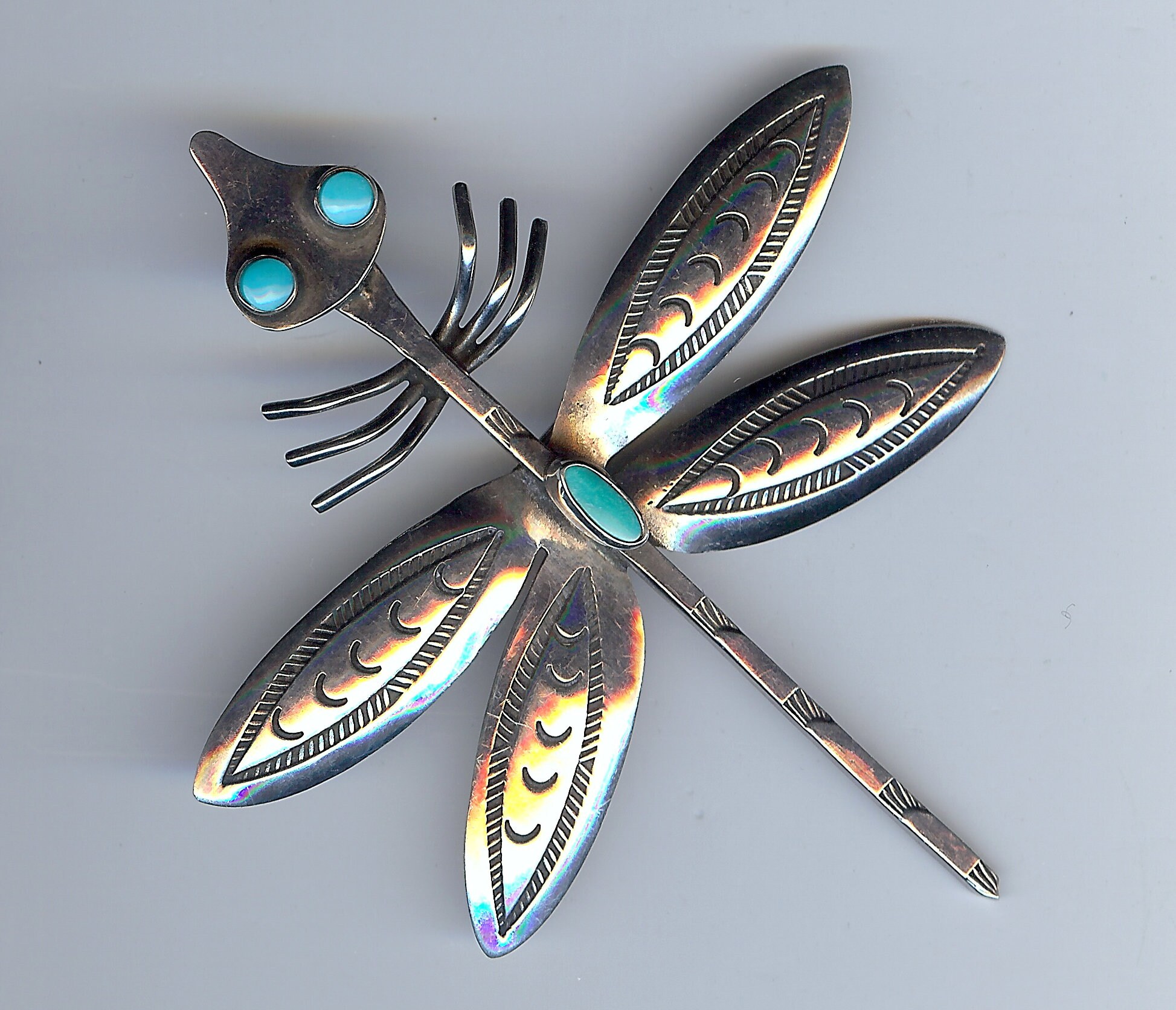 Large Vintage NAVAJO Indian Silver TURQUOISE DRAGONFLY Pin Brooch