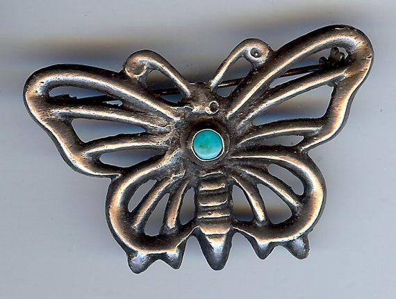 Vintage Navajo Indian silver TURQUOISE BUTTERFLY … - image 1