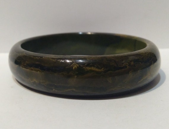 VINTAGE dark mossy green marbled BAKELITE oval BR… - image 4