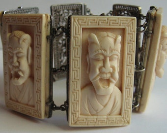 Antika filigran silver snidade dominobrickor KINESISK MASK ansikten brett ARMBAND