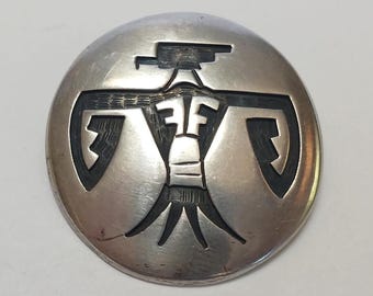 Vintage hallmarked HOPI Indian overlay round silver THUNDERBIRD pin BROOCH