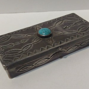 Vintage Navajo Indian stampwork sterling silver & TURQUOISE PILL BOX image 1