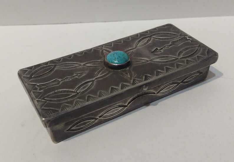 Vintage Navajo Indian stampwork sterling silver & TURQUOISE PILL BOX image 1
