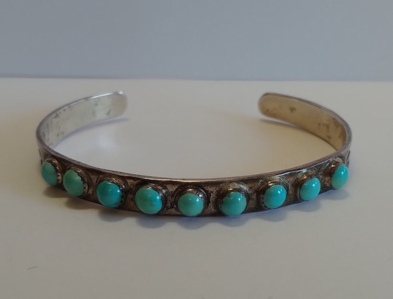 Carol Ann Vintage Native American Navajo Turquoise Row Inlay Sterling Silver Bracelet Carol Ann Vintage Native American Navajo Turquoise Row Inlay Sterling Silver Bracelet