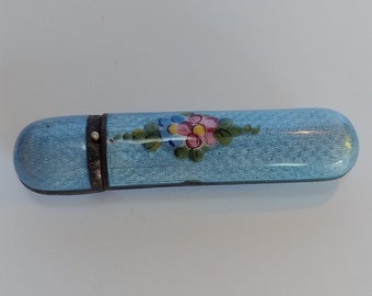 Vintage sterling silver blue & pink enamel flower LIP STICK HOLDER