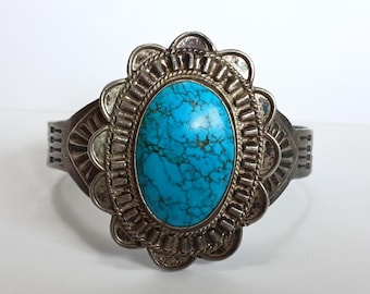 Vintage large wrist Fred Harvey era NAVAJO Indian silver TURQUOISE cuff BRACELET