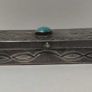 Vintage Navajo Indian stampwork sterling silver & TURQUOISE PILL BOX image 3