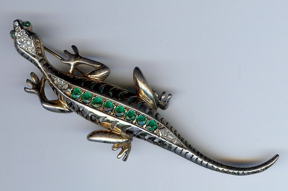 REJA vintage sterling rhinestone faceted green gla