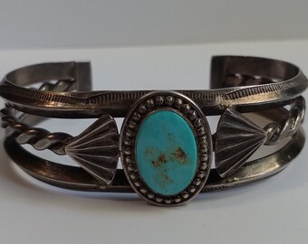 Vintage Turquoise Heavy Grooved Navajo Sterling Silver Bangle