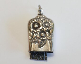 Large VINTAGE sterling silver floral fairy BELL PENDANT