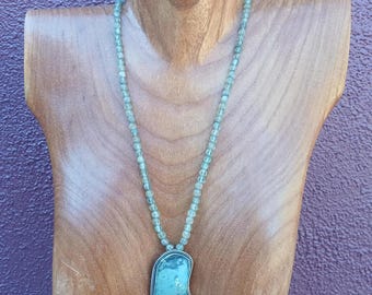 VINTAGE Israel sterling raw chalcedony pin PENDANT on prasiolite beaded NECKLACE