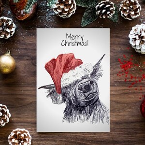 Cartolina di Natale Highland Coo, auguri di buone feste, cartolina di Natale carina