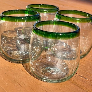 Stemless Wine Glass Set Green Rim Recycled Handblown Glasses Housewarming Gift Sustainable Wedding Gift Craft Cocktail Glasses Mixologist
