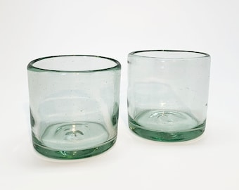 Clear Handblown Recycled Glasses Rocks/Cocktail Glass Set Juice/Whiskey/Bourbon/Old Fashioned Hand Blown Eco Friendly Unique (Set of 2)