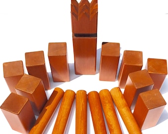 Ordnung/Turnier Kubb Spielset Schwedischer Rasenhof Spiel massiv Hartholz Dunkellack Finish Premium handgefertigt, Housewarming, Vatertag