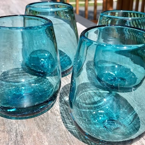 Turquoise Blue Stemless Wine Glasses Hand Blown Recycled Glass set of 4 or  6 Eco-friendly Cabo Beach Style Margarita Cocktail Glass Set 