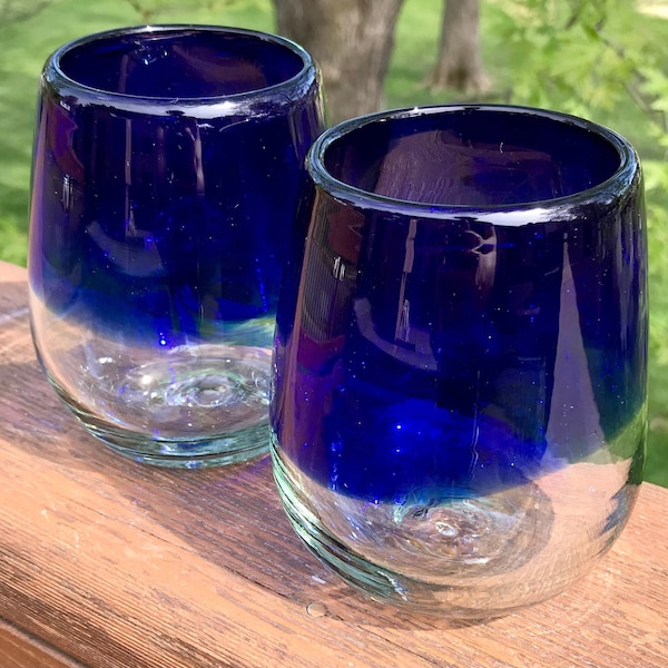 Cobalt Blue Stemless Wine Glasses Artisan Hand Blown Recycled Glass (Set of 4 or 6)  Cabo Beach Juice/Cocktail/Margarita Glass Unique Design