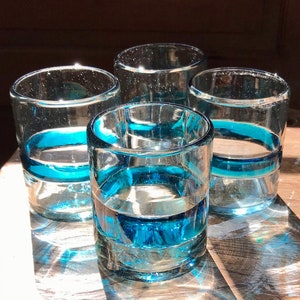Turquoise Ring Handblown Recycled Glasses Lowball/Rocks/Cocktail Glass Set Juice/Margarita Hand Blown Eco Friendly Unique (Set of 2)