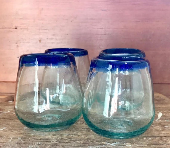 Hand Blown Glass: Blue Stemless Wine Glass 