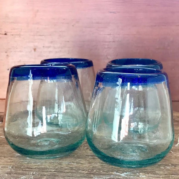 Handblown Recycled Glass Stemless Wine Glasses Cobalt Blue Rim (Set of 4) Eco Friendly Juice/Cocktail Artisan Hand Blown Cabo Beach Style