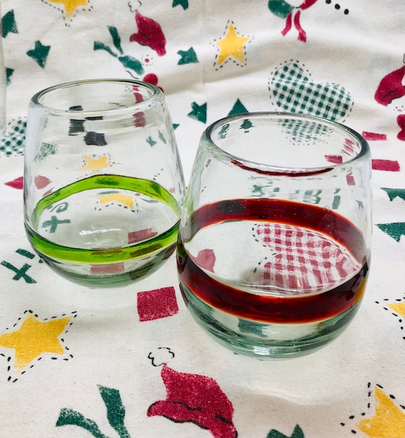 Christmas Stemless Wine Glasses Red and Green Handblown Recycled Glass set  of 4 Eco Friendly Juice/cocktail/margarita/mimosa Glass Set 