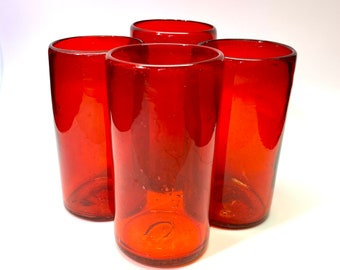 Red Glass Set Recycled Handblown Glassware Gift for Red Lover Eco Friendly Gift Barware Glasses in Solid Red (Set of 4) Cabo Beach Style