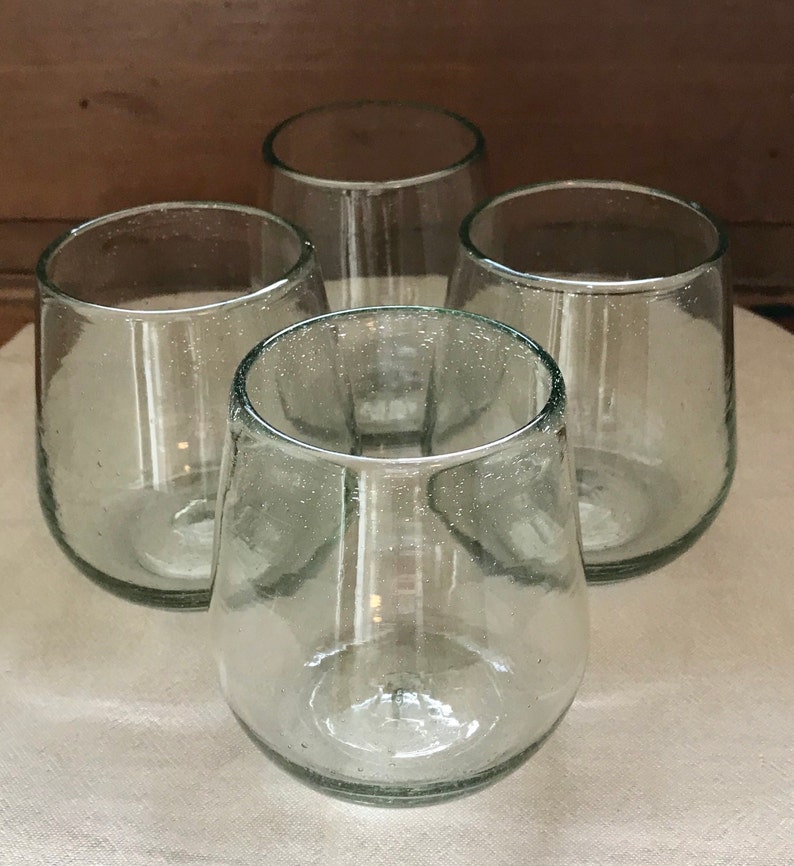 Handblown Recycled Glass Stemless Clear Wine Glasses Set of 4 Eco Friendly Juice/Cocktail/Bourbon Artisan Hand Blown Unique Gift Cabo Style 画像 4