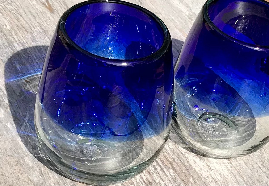 Cobalt Blue Stemless Wine Glasses Artisan Hand Blown Recycled Etsy
