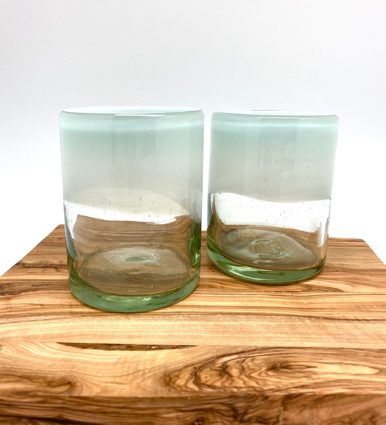 Lowball Rocks Glasses Handblown Recycled Glass Set of 2 White Ombre Eco Friendly Juice/Cocktail/Margarita Artisan Hand Blown Unique Gift image 1