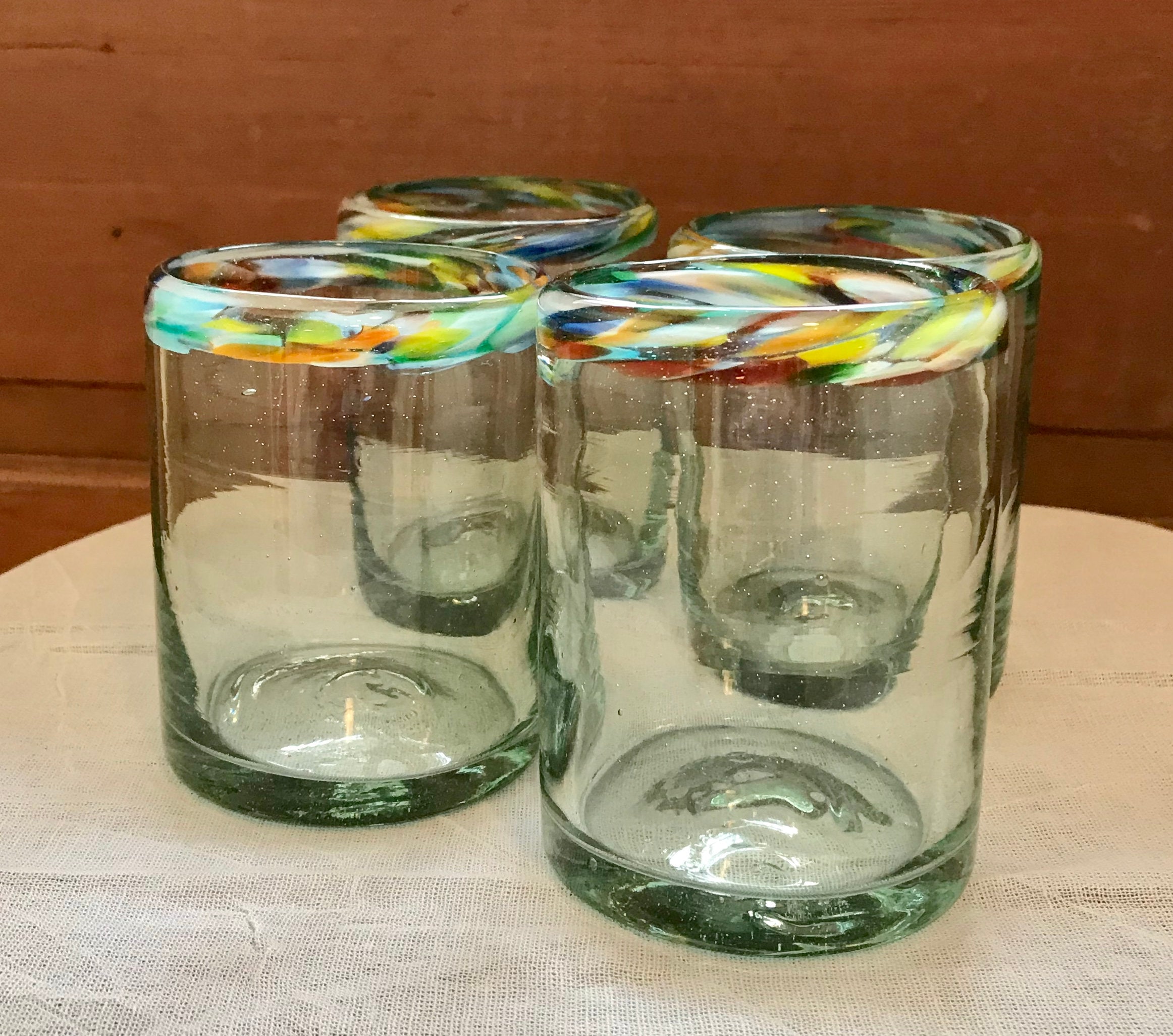 Handblown Recycled Rocks Glass Multicolor Rainbow Rim Cocktail Juice ...