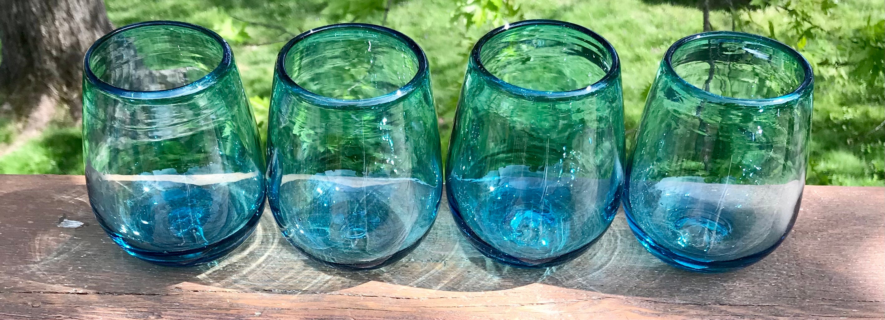 Turquoise Blue Stemless Wine Glasses Hand Blown Recycled Glass Etsy UK