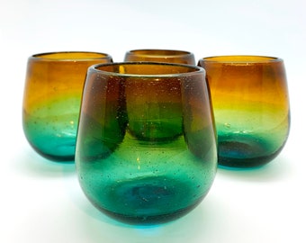 Stemless Wine Glass Set Hand Blown Recycled Glass Sunset (Set of 4 or 6) Artisan Ombre Blue Tan  Cabo Beach Style Drinking Glass Eco Chic