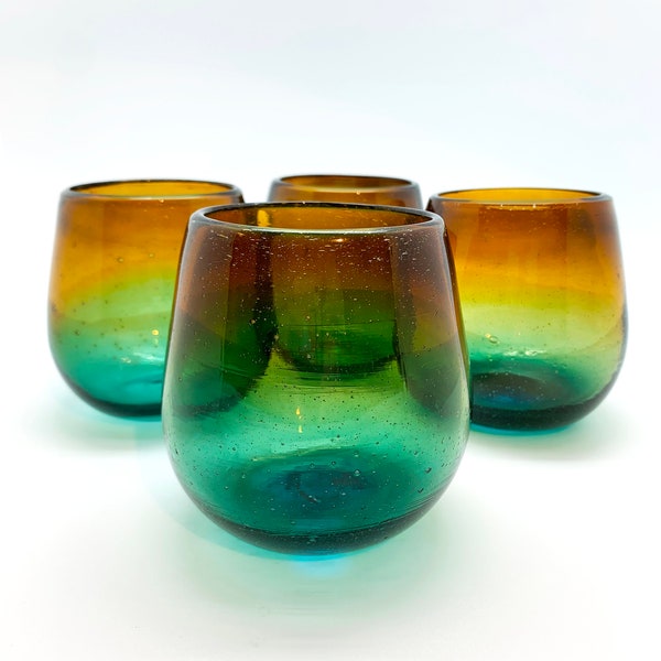 Stemless Wine Glass Set Hand Blown Recycled Glass Sunset (Set of 4 or 6) Artisan Ombre Blue Tan  Cabo Beach Style Drinking Glass Eco Chic