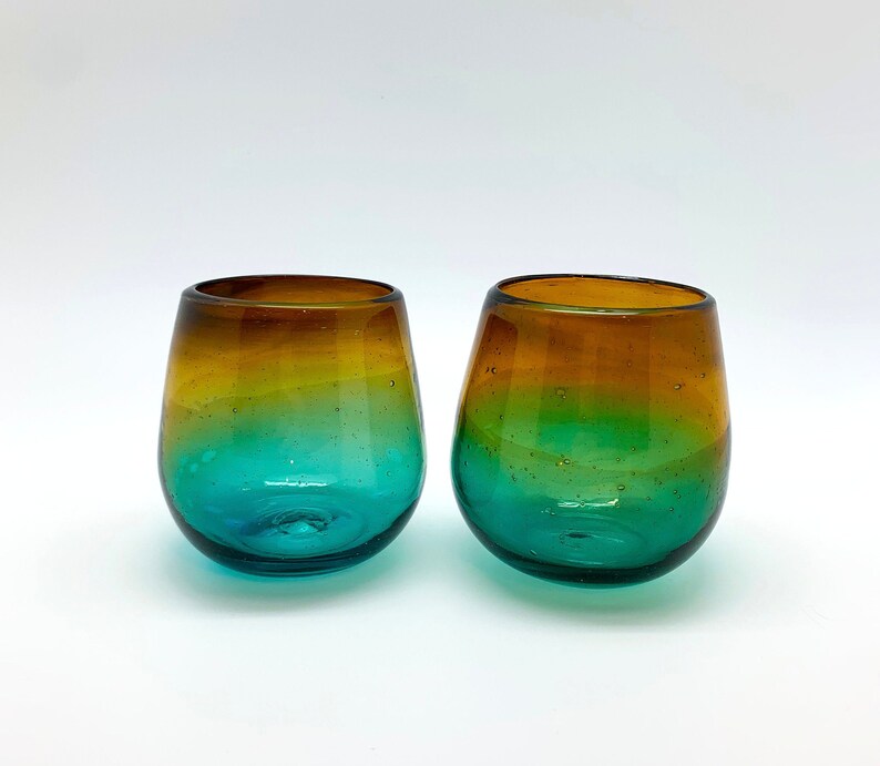 Hand Blown Recycled Glass Stemless Wine Glasses set of 4 or Etsy