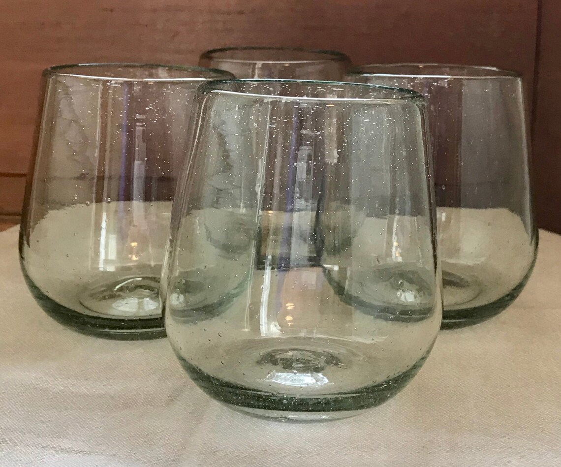 Handblown Recycled Glass Stemless Clear Wine Glasses Set of 4 Etsy