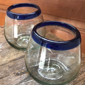 Handblown Recycled Glass Stemless Wine Glasses Cobalt Blue Rim (Set of 2) Eco Friendly Juice/Cocktail Artisan Hand Blown Cabo Beach Style