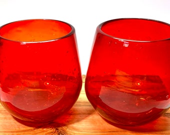 Red Stemless Wine Glass Set of 2 Hand Blown Recycled Glasses for Wine Lover Gift for Mixologist Cocktail Glasses for Eco Friendly Gift