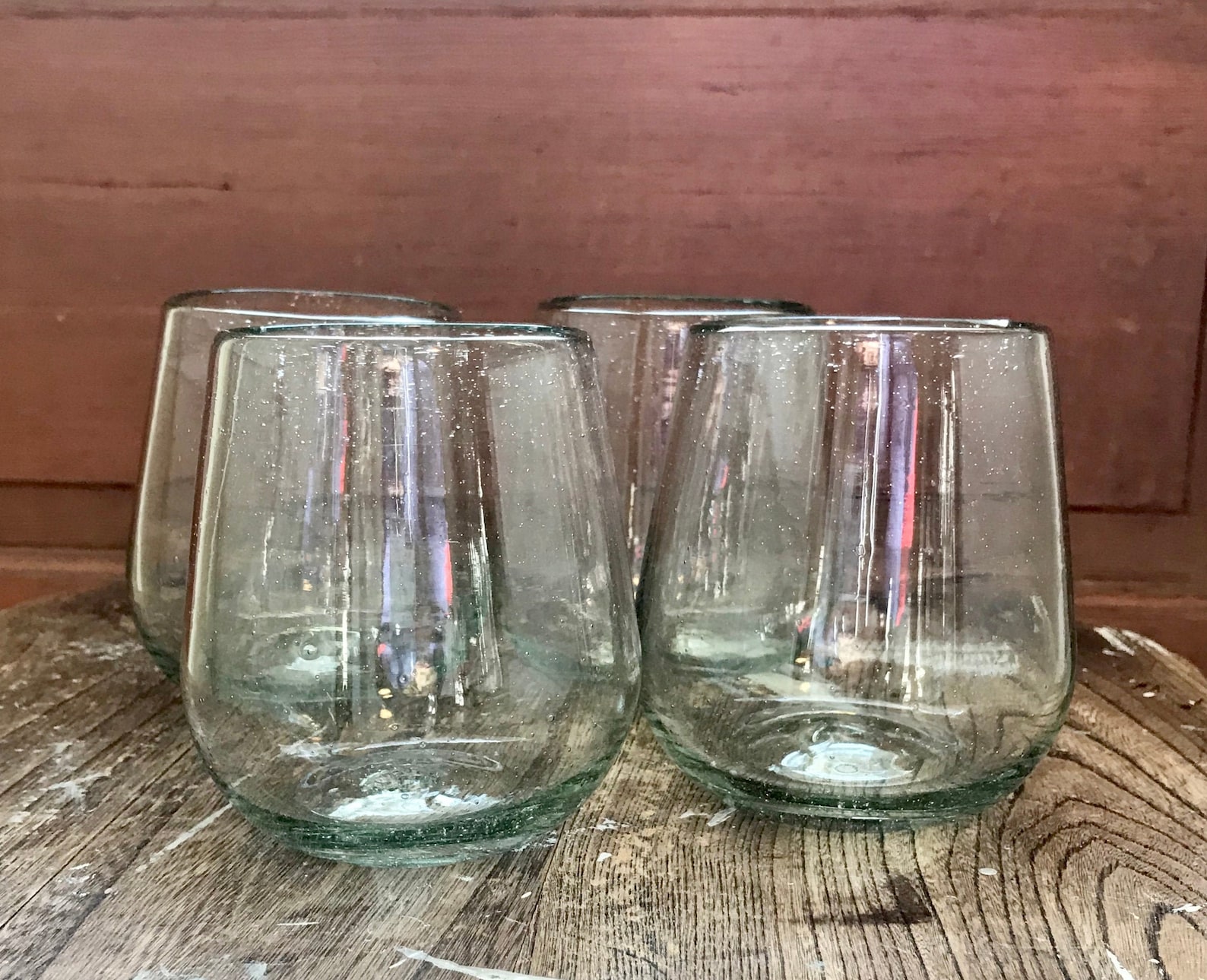 Handblown Recycled Glass Stemless Clear Wine Glasses Set of 4 Eco Friendly Juice/Cocktail/Bourbon Artisan Hand Blown Unique Gift Cabo Style - Set of 4
