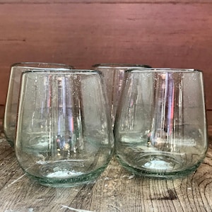 Handblown Recycled Glass Stemless Clear Wine Glasses Set of 4  Eco Friendly Juice/Cocktail/Bourbon Artisan Hand Blown Unique Gift Cabo Style