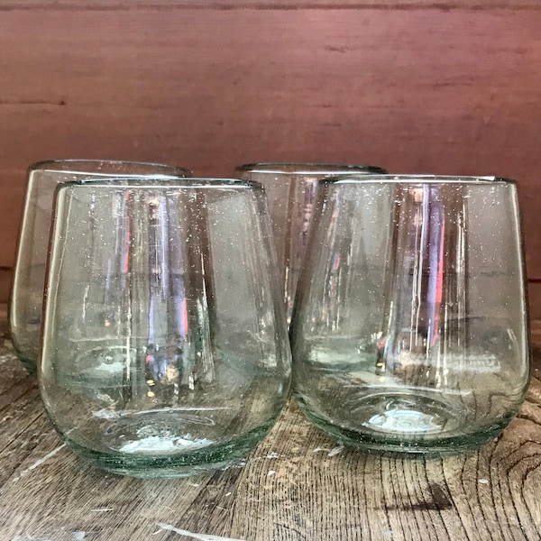 Handblown Recycled Glass Stemless Clear Wine Glasses Set of 4  Eco Friendly Juice/Cocktail/Bourbon Artisan Hand Blown Unique Gift Cabo Style