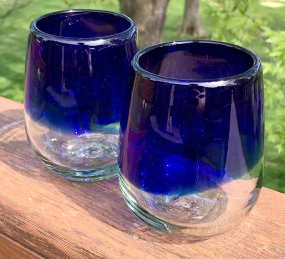Cobalt Blue Stemless Wine Glasses Artisan Hand Blown Recycled Glass set of  4 or 6 Cabo Beach Juice/cocktail/margarita Glass Unique Design 
