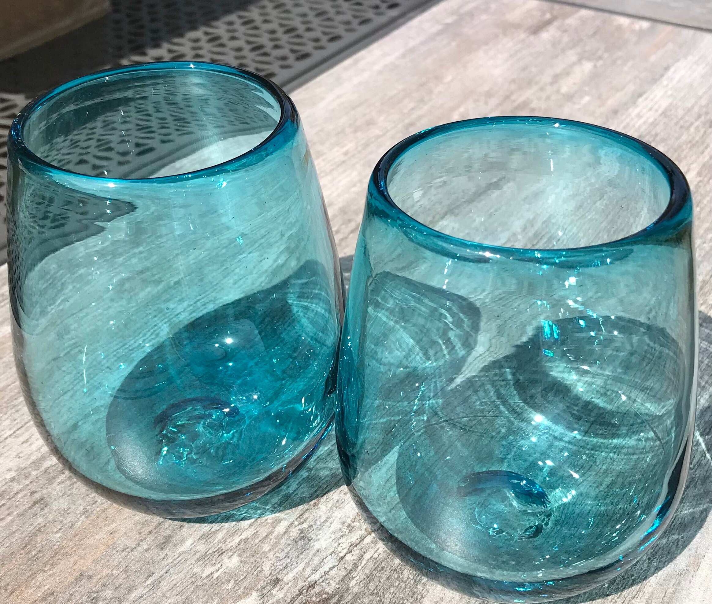 Turquoise Blue Stemless Wine Glasses Hand Blown Recycled Glass Etsy UK