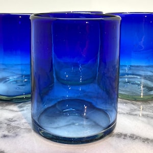 Hand Blown Glassware Set Blue Recycled Ombre Drinking Glasses Craft Cocktail/Margarita/Juice Sustainable Gift for Mixologist Cobalt Tumblers image 1