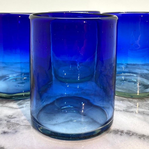 Cobalt Blue Ombre Handblown Recycled Glasses Lowball/Rocks/Cocktail Glass Set Juice/Margarita Hand Blown Eco Friendly Unique (Set of 4)